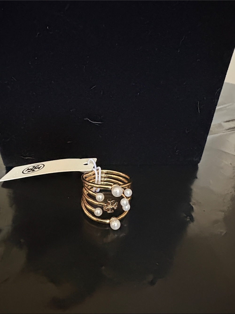 Tory Burch Gold-Tone Pearl Stacked Logo Ring Size 7